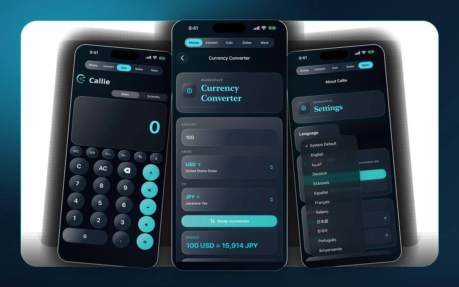 Callie hero collage showing the calculator, currency converter, and language screens.