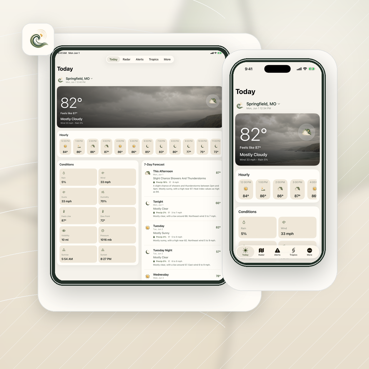 Weather Direct product graphic showing Today weather views on tablet and phone screens.