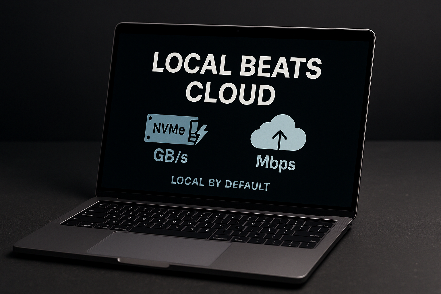 “Local beats cloud” — laptop + chip icon over a dark gradient with speed vs bandwidth callouts