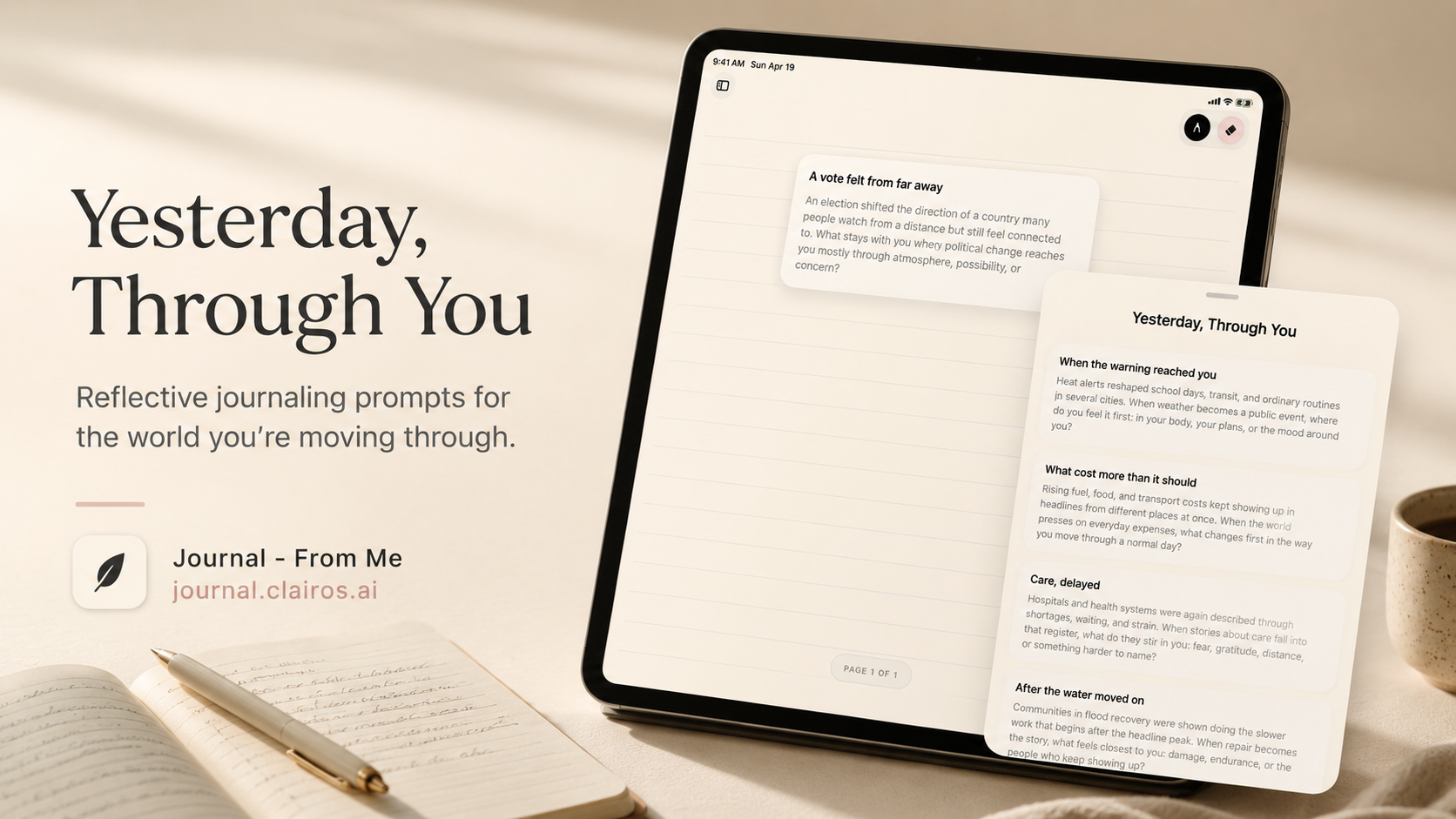 Journal - From Me app shown on a calm paper-style writing surface with Yesterday, Through You reflective prompt cards.