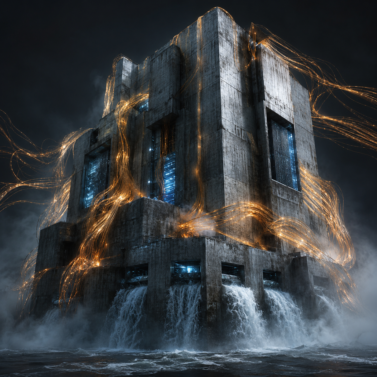 A brutalist data center monolith entwined with glowing amber data streams and cascading cooling water, symbolizing the energy cost of ad-tracking.